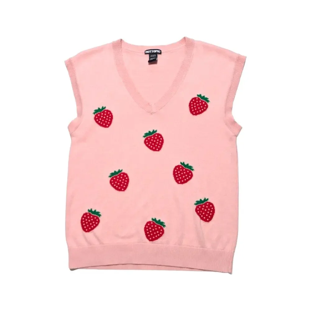 Hot Topic Strawberry Sweater Vest Pink Kawaii Lolita Preppy Womens Small Shirt - Picture 2 of 4